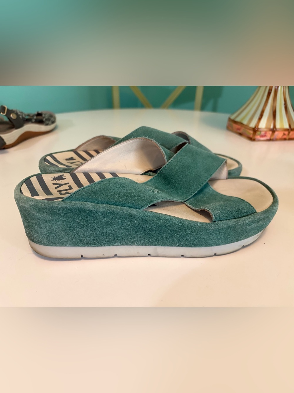 Fly London Green Suede Crossover Slide Sandals Size 9-9.5 - Picture 4 of 9